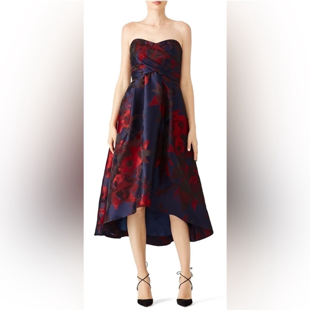 Shoshanna Midnight Dawn Floral High Low Strapless Midi Dress Size 2